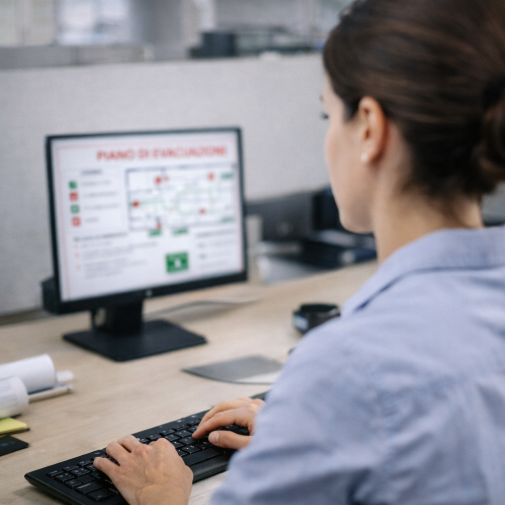 Responsabile della sicurezza che consulta la planimetria di evacuazione al computer