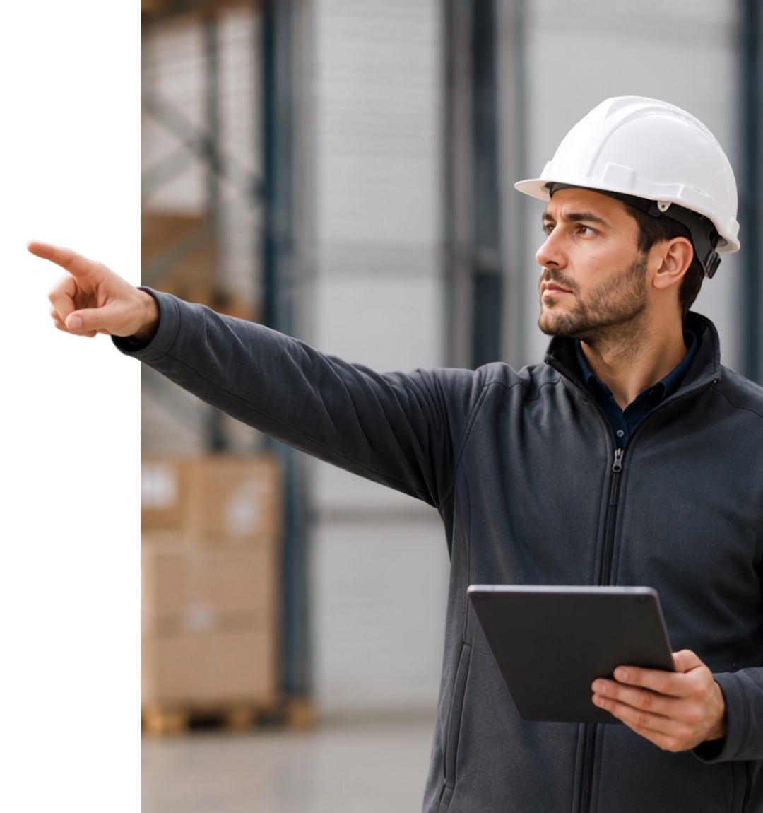 Preposto con casco bianco e tablet che indica un'area di lavoro in magazzino